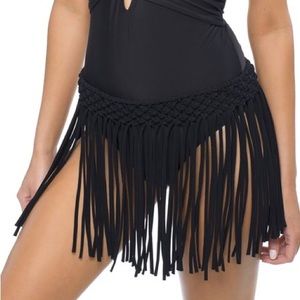 Black Cabana Fringe Swim Cover Skirt by Athena sz S/M